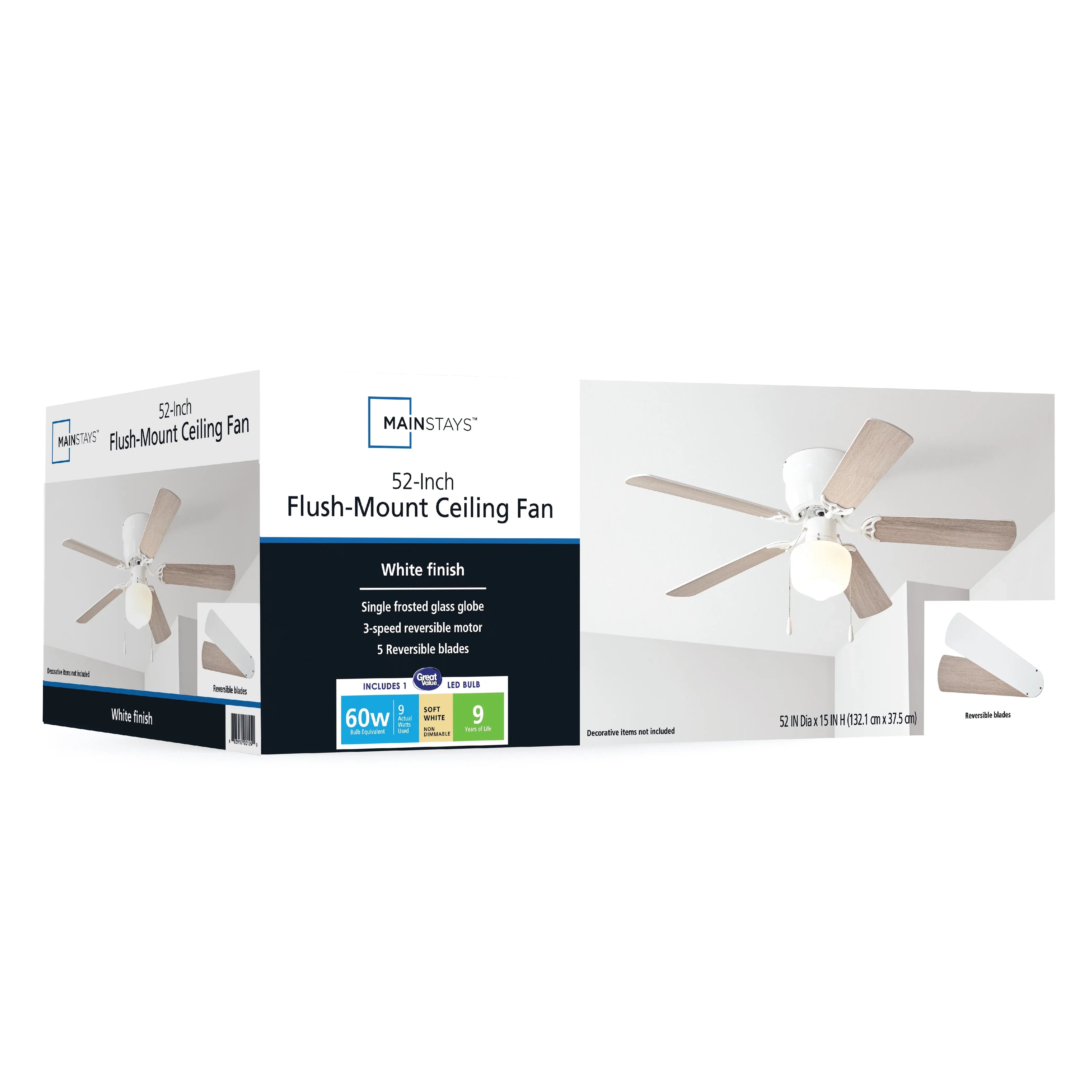 with Fan 52 Reverse Kit, Blades, Mainstays Hugger inch Airflow 5 Indoor Light Ceiling White,