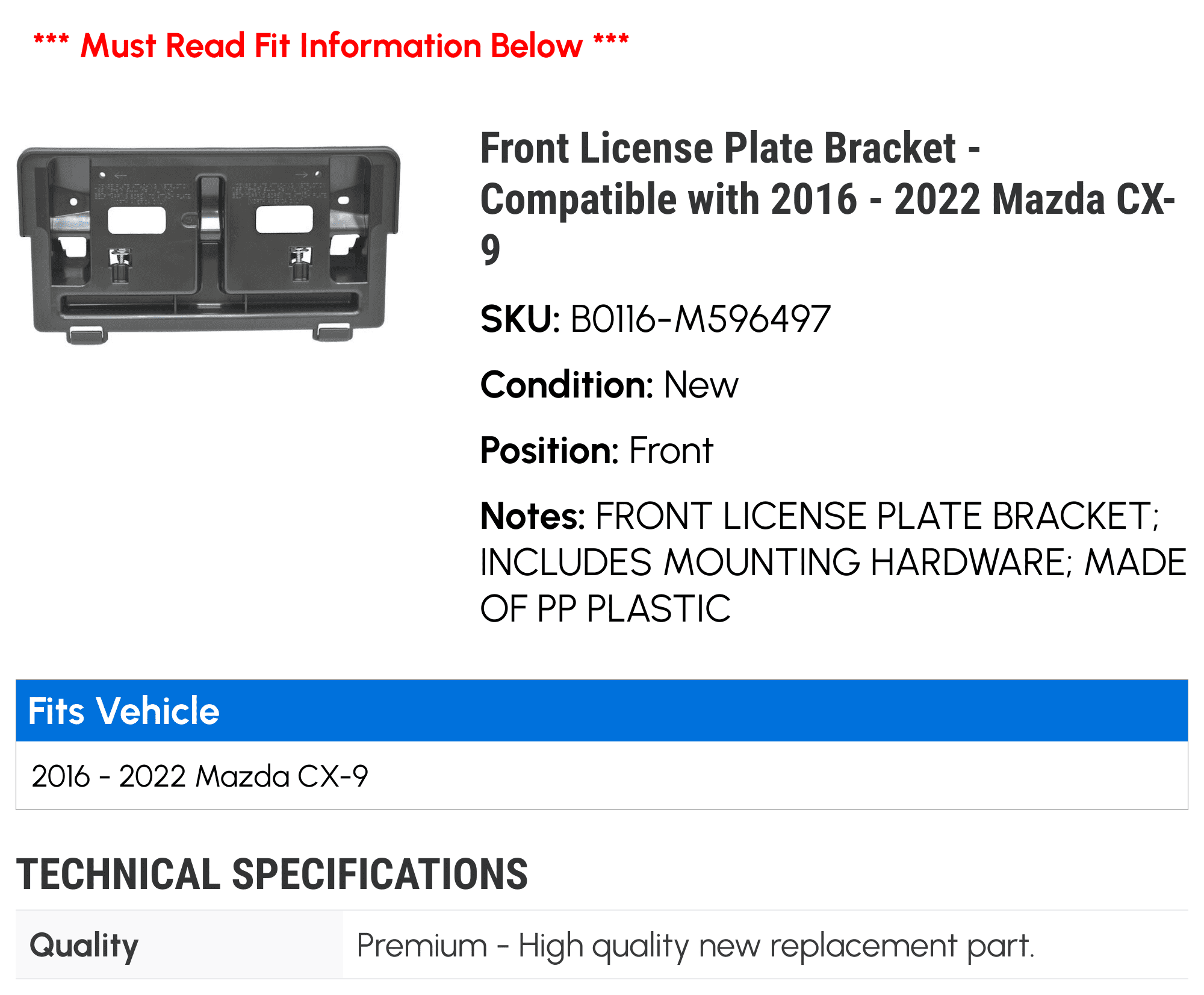 Compatible 2021 2020 Plate Bracket License 2018 Front 2022 - with CX-9 2019 Mazda 2017 - 2016