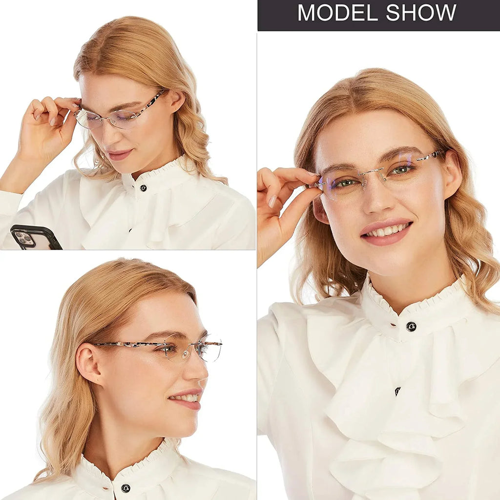 Glasses Reading Light Women Clear Blue Rimless Computer Designer Lens 2.5 UV400 Readers Ladies AQWANO Blocking Fashion Protect Frame,