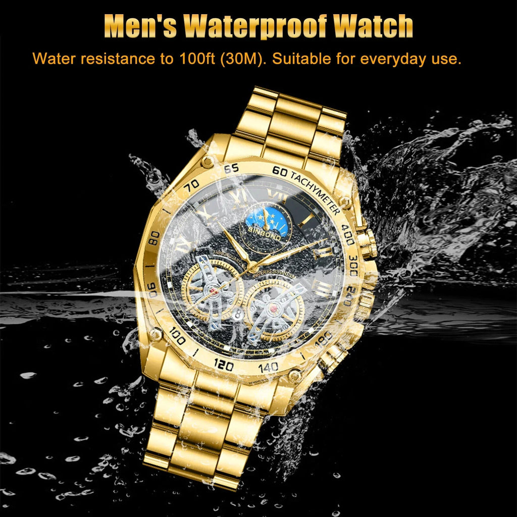 Quartz Gold Business Luxury Men's Analog Steel Watch Stainless Gift Waterproof