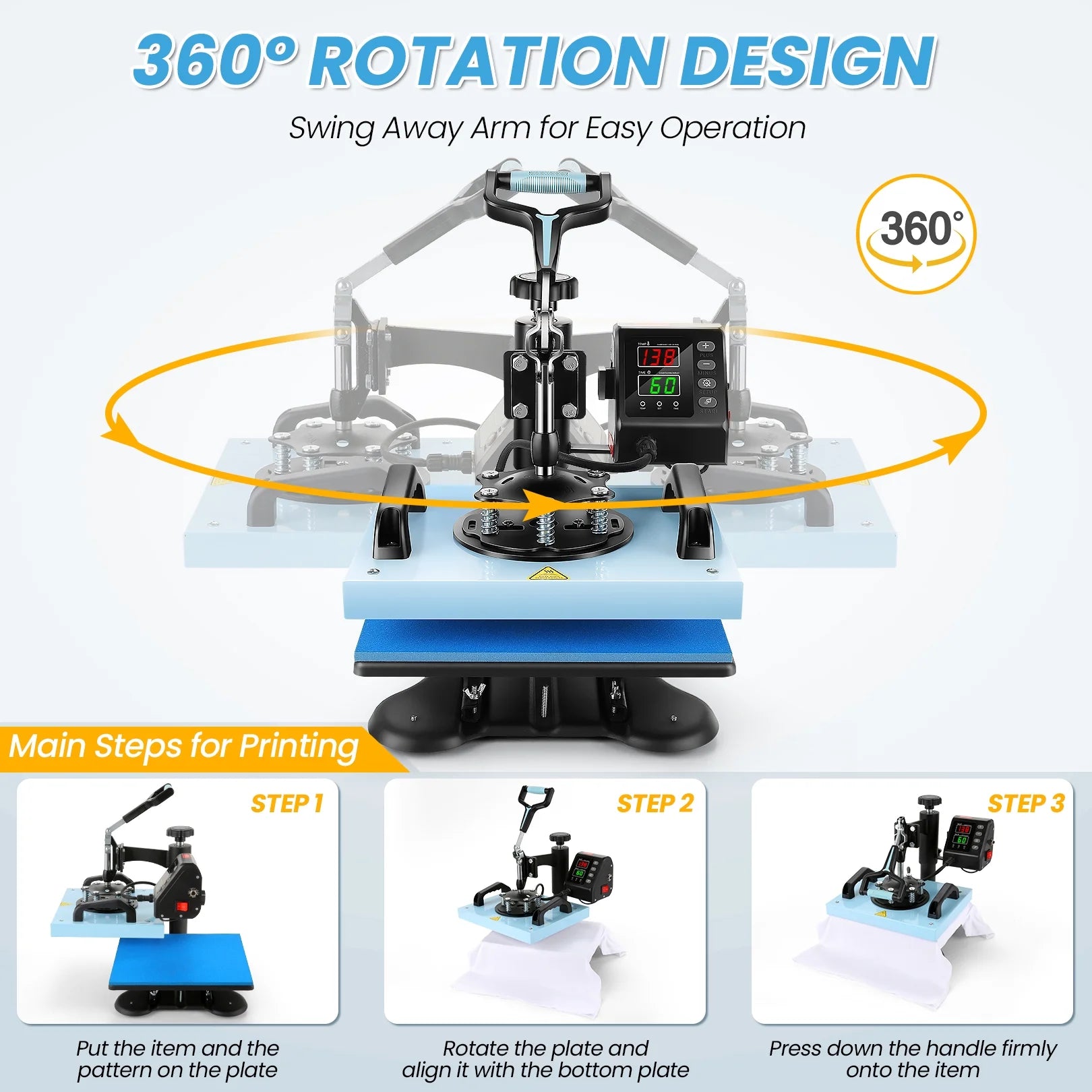 Printing Digital Degree 360 Transfer Sublimation, Away Precise Machine with T-shirts, Qhomic DIY Machine Control LCD Bags, Printing Heat 12x10in Swivel Tote Press Heat Mats for Transfer