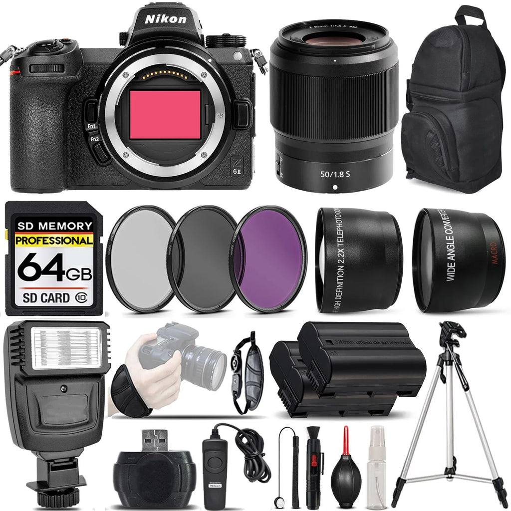 Remte UV-CPL-FLD + Angle S + Wide + Z6 + Mirrorless Card Lens Digital 0.43X Telephoto International 50mm Memory Lens + 64GB + Camera Wireless 2.2x Lens f/1.8 II Flash Nikon - Version with Filters