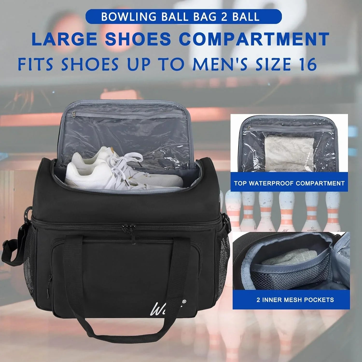 Bowling Mens WOLT Size Polyester for Balls 2 Fits up Ball Shoes Bag 16 to Black | Bowling