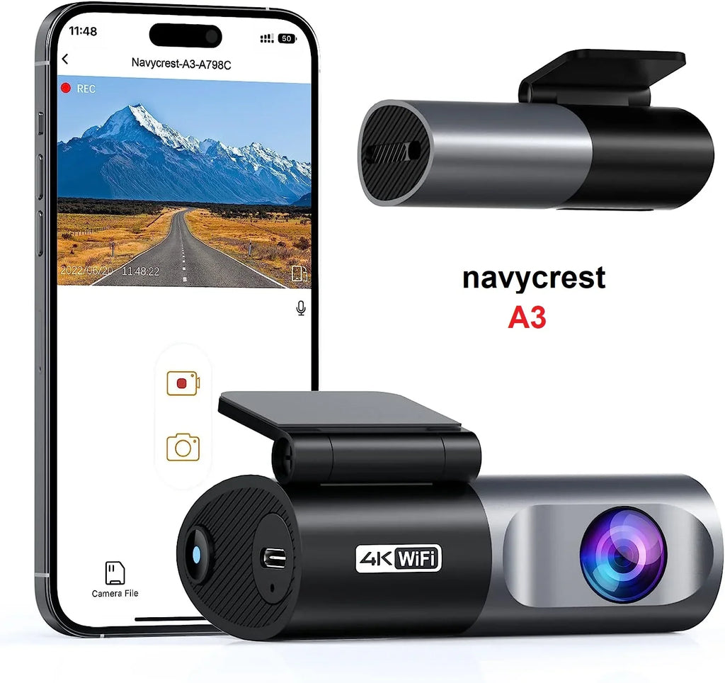 Front 24 navycrest Cam Cars, 4K 2160P App, Mode, WiFi 256GB for Night Dash Recording, Max Hours Support A3 Recorder G-Sensor, Parking Vision, Camera with Loop