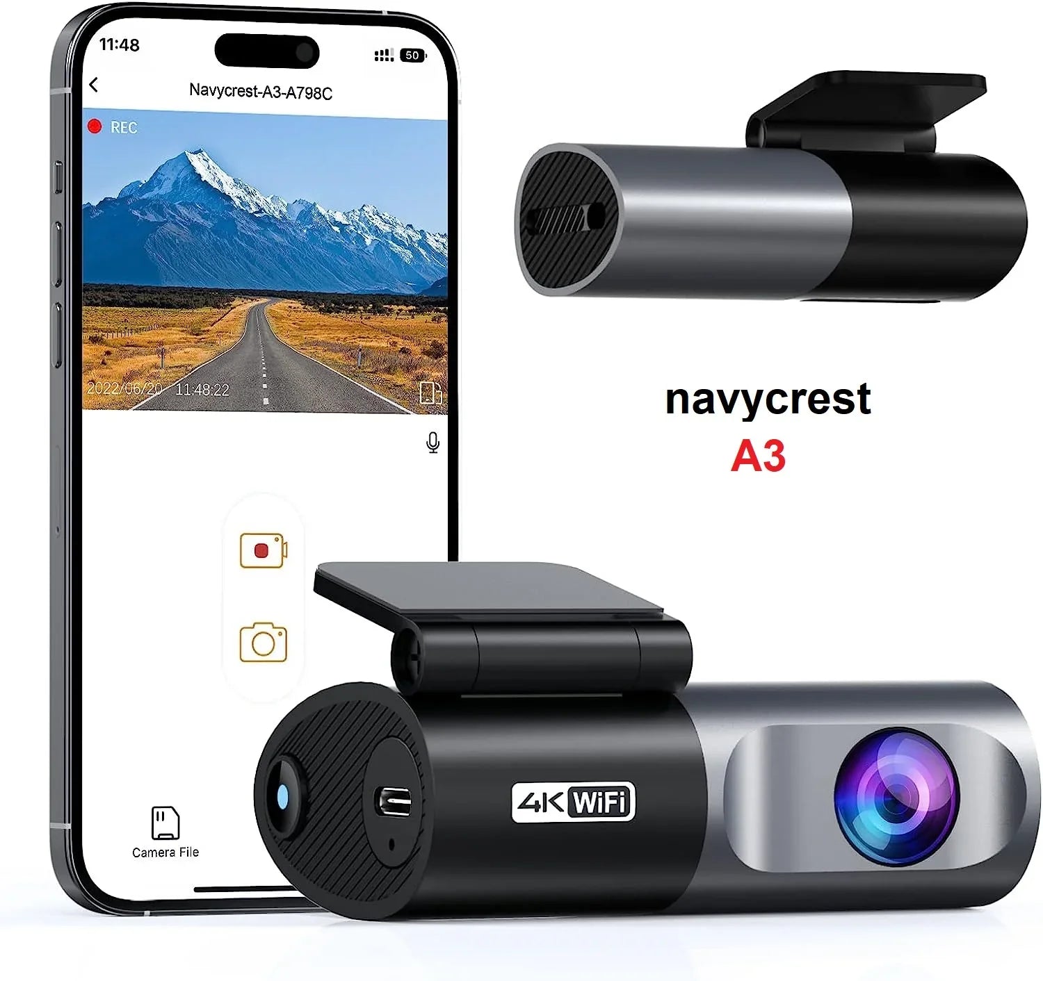 Front 24 navycrest Cam Cars, 4K 2160P App, Mode, WiFi 256GB for Night Dash Recording, Max Hours Support A3 Recorder G-Sensor, Parking Vision, Camera with Loop