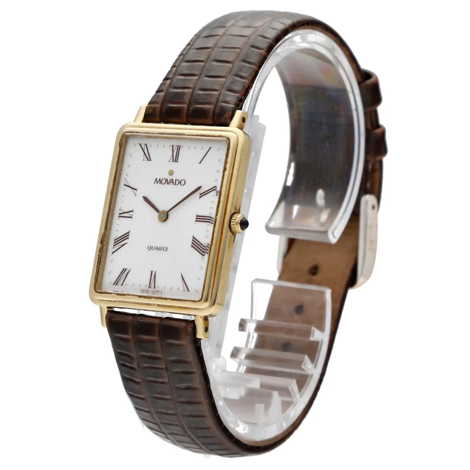Roman Gold Yellow Quartz Watch White 7041485 Dial Tank 14k Movado Wrist