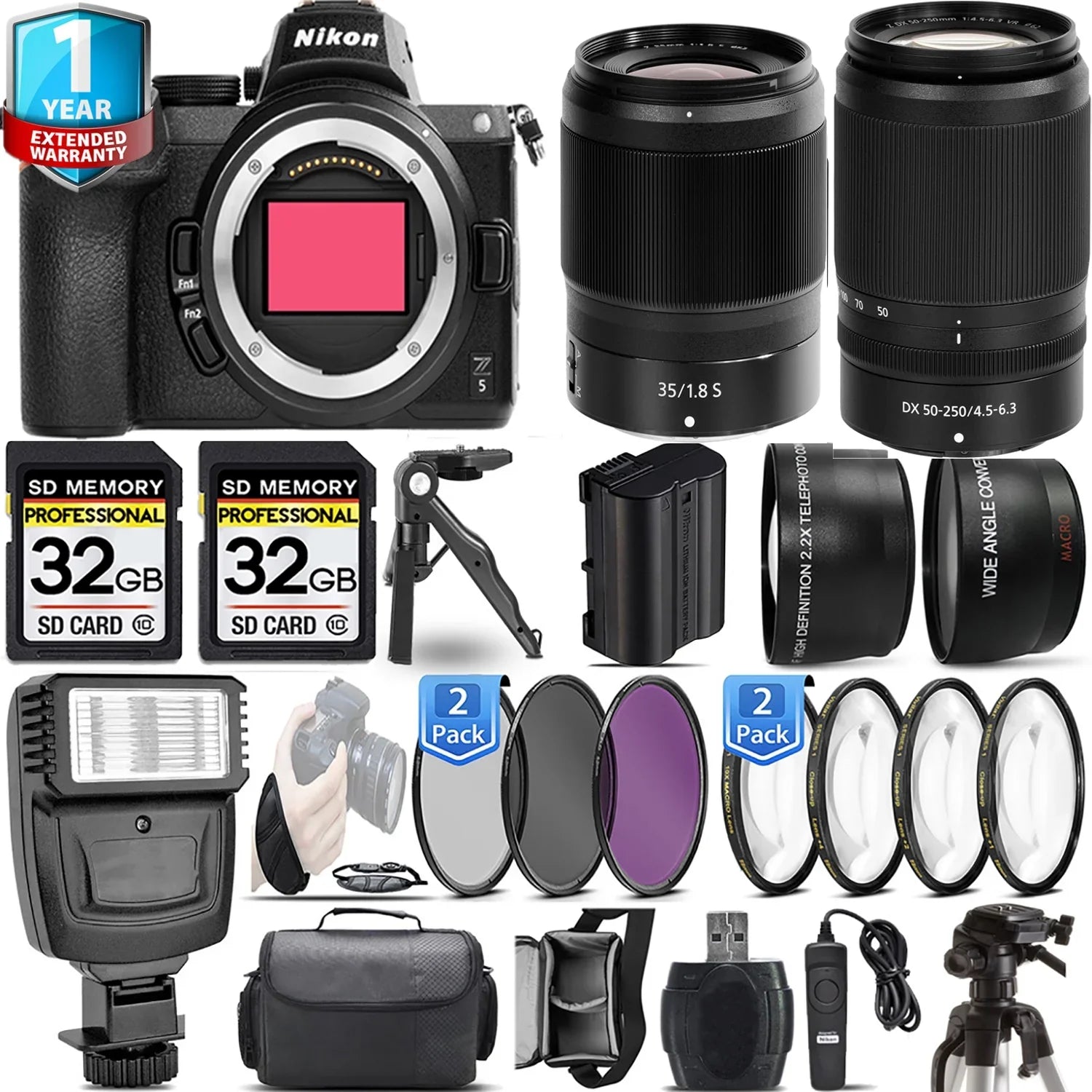 Macro Filter f/4.5-6.3 Handbag PC + PC Flash Lens 4 Set Camera + 3 Mirrorless 35mm Set + + Nikon f/1.8 Z5 + 50-250mm Lens VR with 64GB + S