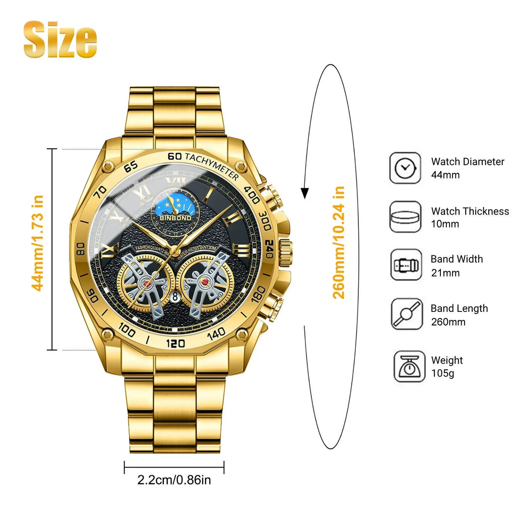 Quartz Gold Business Luxury Men's Analog Steel Watch Stainless Gift Waterproof