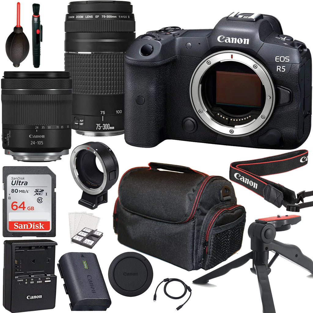 '+ + III More + STM with EF & 64GB 24-105mm Case Mirrorless IS EOS Lens f/4-5.6 R5 Canon RF Tripod Card Camera Memory 75-300mm Canon + f/4-7.1 Lens