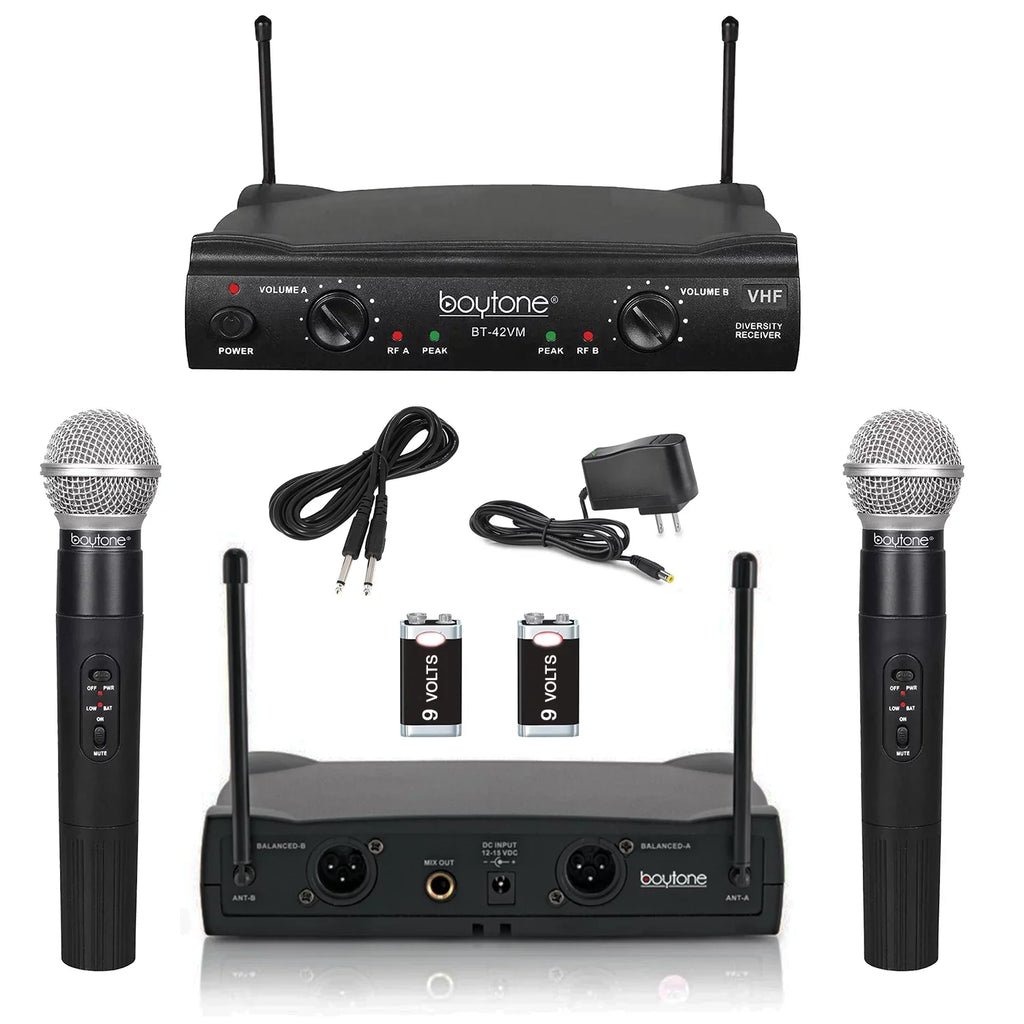System - Dual Boytone Dynamic Wireless Fixed Church, Mics, Microphone BT-42VM Wireless Receiver, DJ, Conference, VHF Mic Frequency Channel for Transmitter Karaoke, Dual Handheld Cases Carrying 2