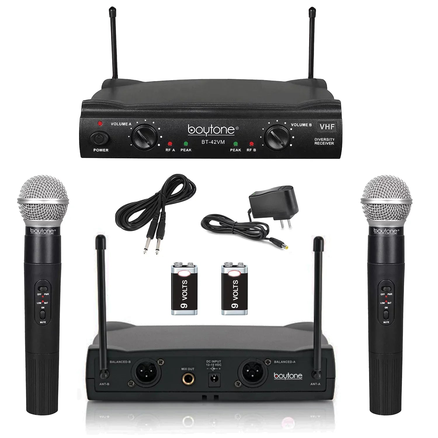 System - Dual Boytone Dynamic Wireless Fixed Church, Mics, Microphone BT-42VM Wireless Receiver, DJ, Conference, VHF Mic Frequency Channel for Transmitter Karaoke, Dual Handheld Cases Carrying 2