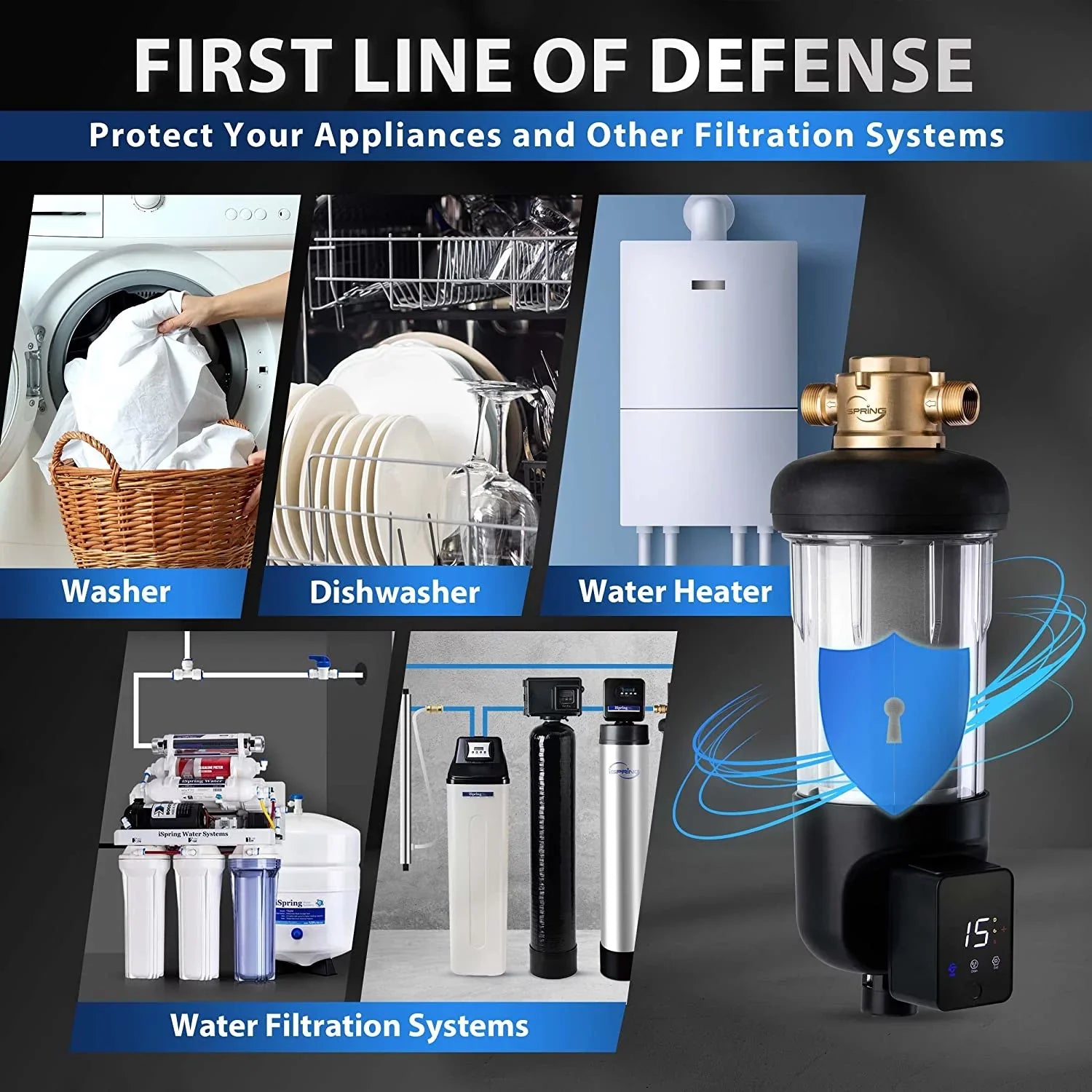 WSP50ARJ Module, Clear Spin-Down iSpring Sediment Touch-Screen Filter, Auto Microns Size, Capacity, Large with Housing, Flushing Jumbo Upgraded Water Top 50 Brass Reusable
