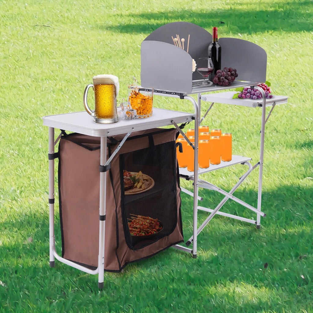 Portable Folding Table Brown Camping Barbecue Station Kitchen DENEST Cover Fabric Rack