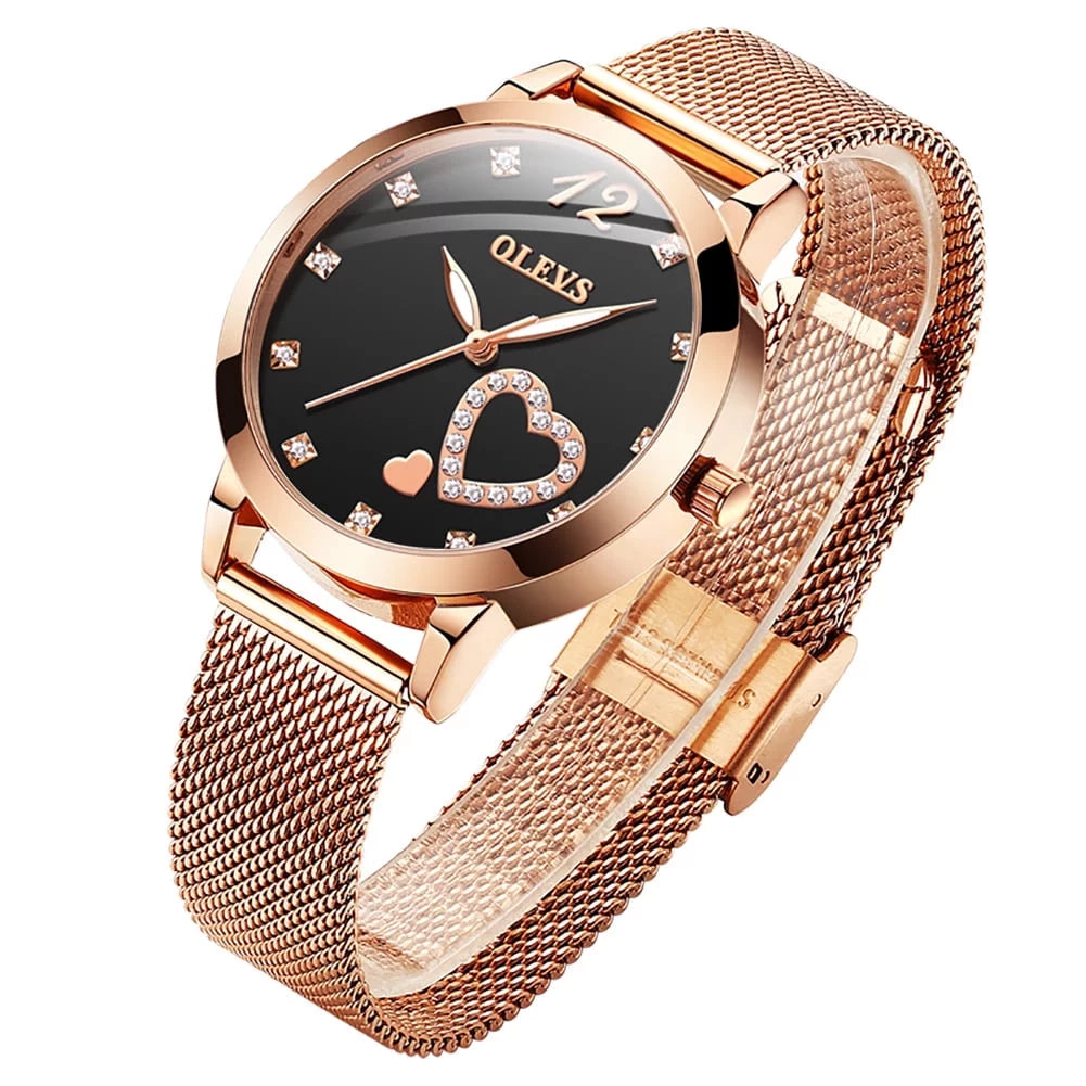 Hearts Watch, Dress Gold Rose Fashion Diamond Wristwatch, Big Elegant Mesh Strap Gifts Watches, Women Waterproof Quartz Face Female Ladies Women's for Luminous Olevs Japanese
