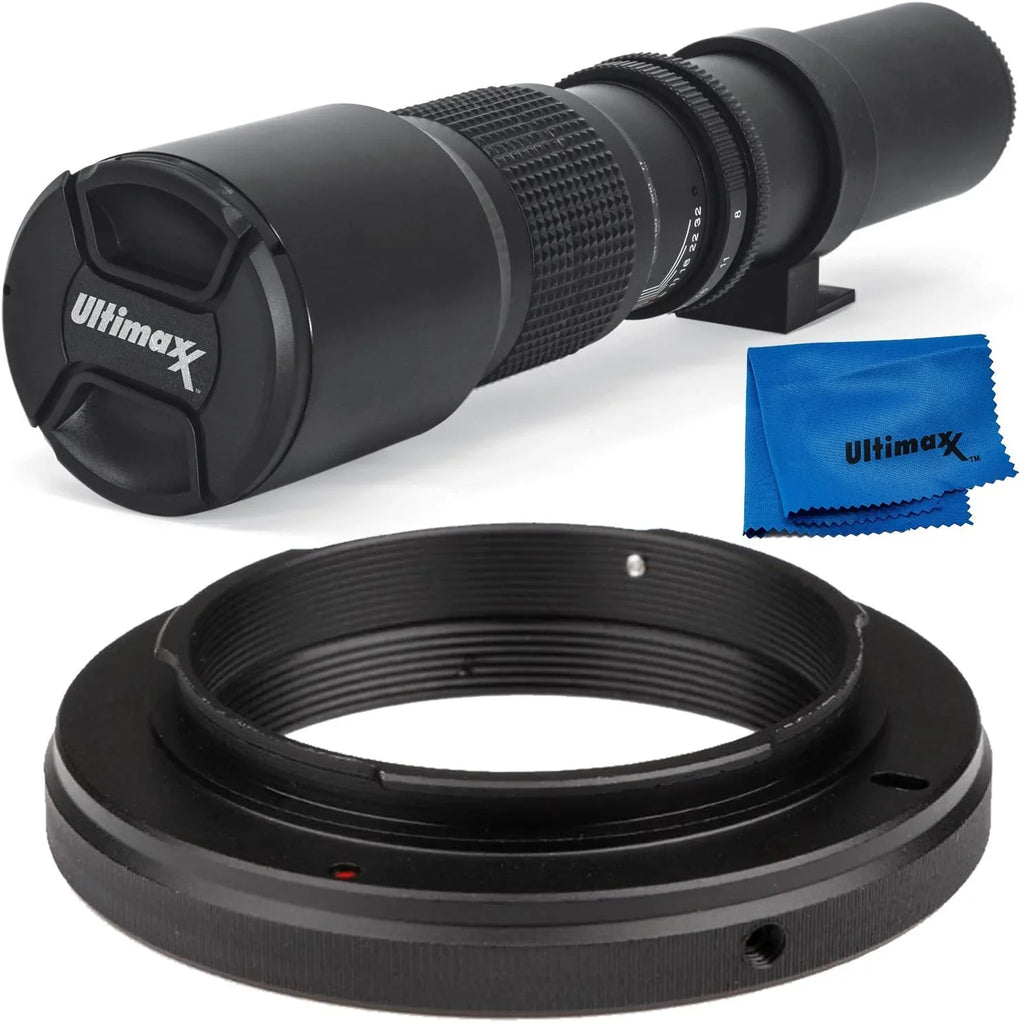 Canon Preset - & Ultimaxx Includes Adapter SLR/DSLR Compatible f/8 500mm Multi-Coated Mount Telephoto EF Cleaning Microfiber T-Mount for Cameras with Cloth Lens