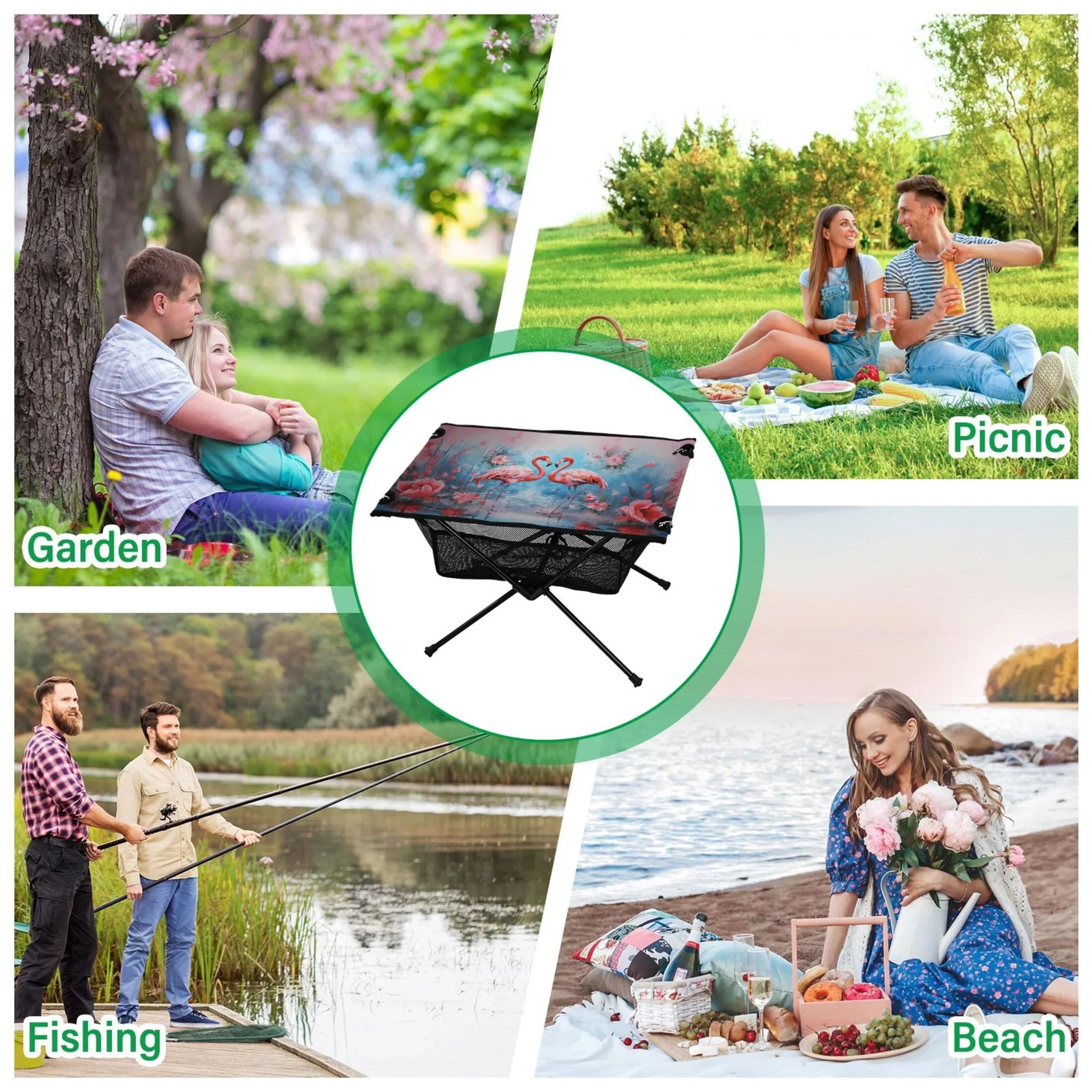 BBQ Flowers Beach Fishing Outdoor Hiking and for Table Flamingos Foldable Table Storage Picnic Bag Camping Table with Compact Portable