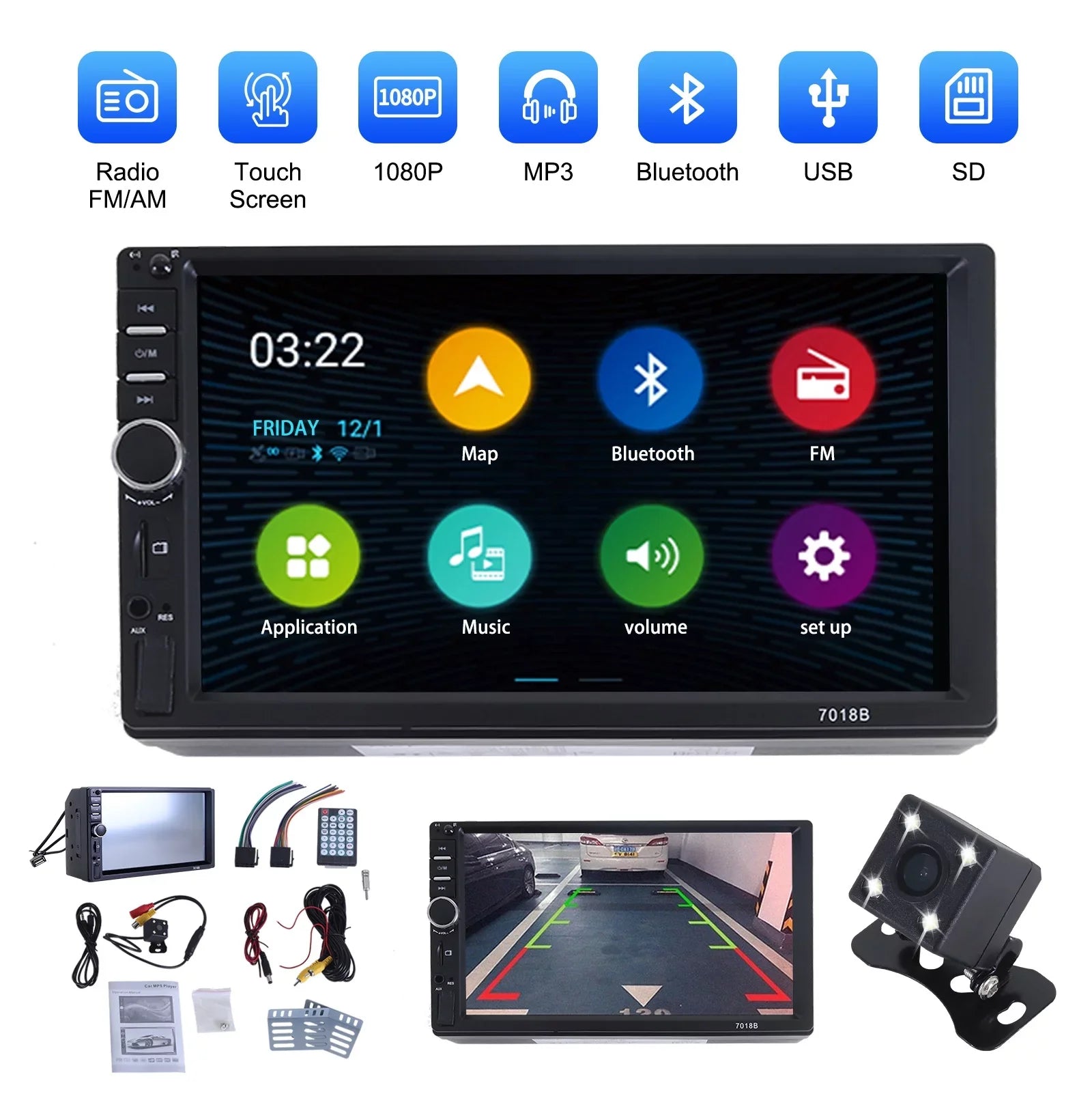 with Audio Screen with Double 7In Camera, Din Link, Stereo, Radio Player Touch Mirror USB/Car Bluetooth MP5 Car Receiver Backup Receiver Car HD Vehicle Audio