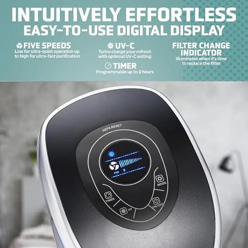 Removes HEPA Germs, 99.97% ft. Large Genuine with Air Filter, Reduce Helps Purifier Pure Hour, to Pet Sq. Pollutants, of Light 915 UV-C 1 13 AC5250PT in Rooms 28", Black, GermGuardian up Covers