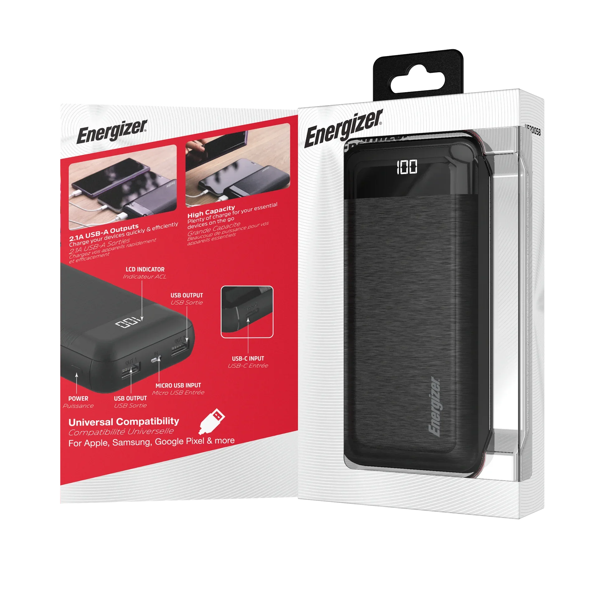 Energizer Black, Power 20,000 UE20058 Max mAh Bank,