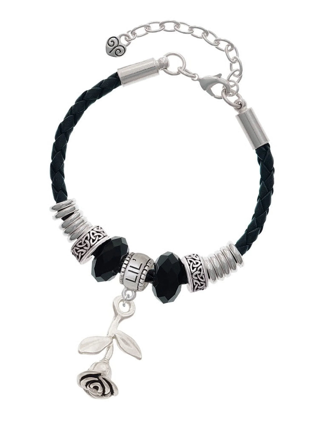 Bracelet, Bead Lil Delight Sister Celtic Silvertone Knot Extender Stemmed Leather Rose 7"+2" Jewelry