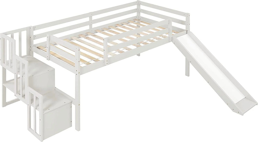 Wood &amp; Low Stairs Spring Bed Safety with Bright Size Teens Slide Frame (White) NLTBONNIE and Box with Toddlers Designs Twin Needed Loft for Harper No Rail Bed Loft