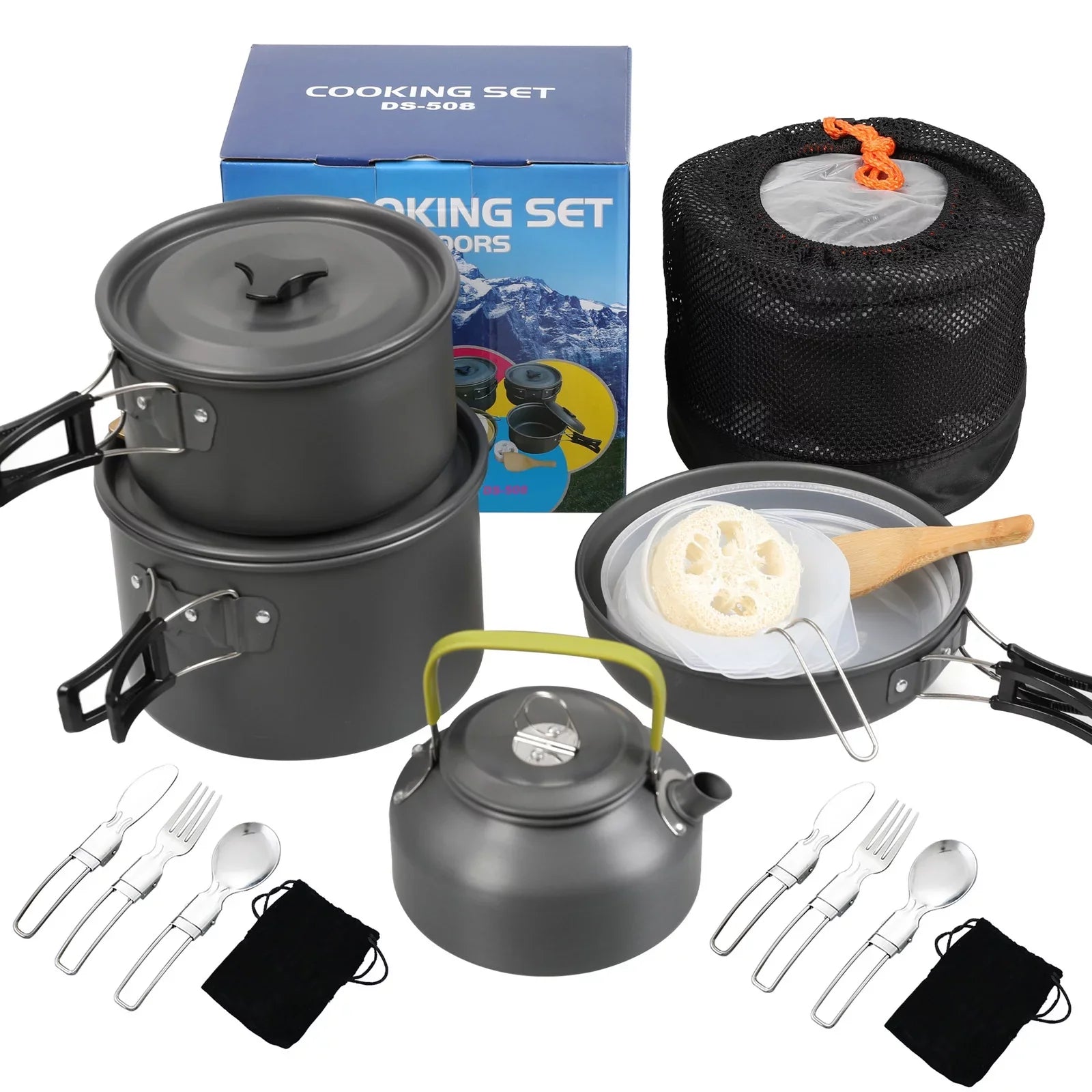 Pan Non-Stick Lixada with Camping Kettle Pot Mess Set Kit Backpacking Cookware Hiking