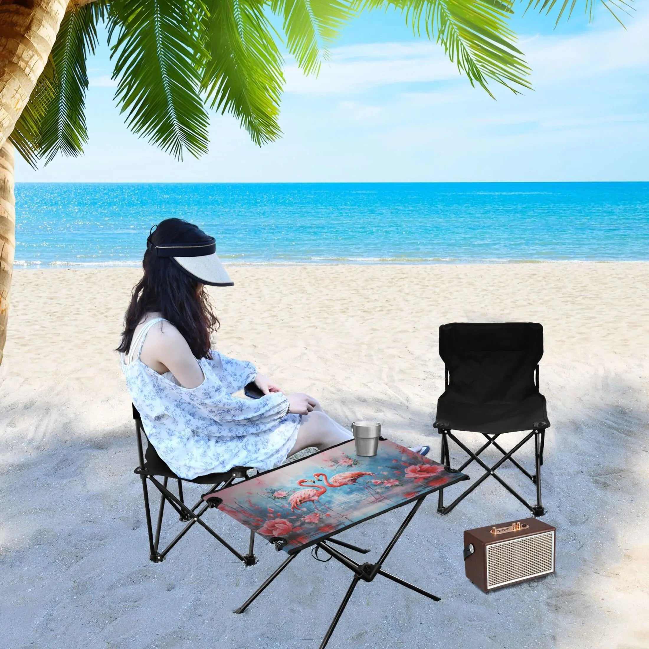 BBQ Flowers Beach Fishing Outdoor Hiking and for Table Flamingos Foldable Table Storage Picnic Bag Camping Table with Compact Portable