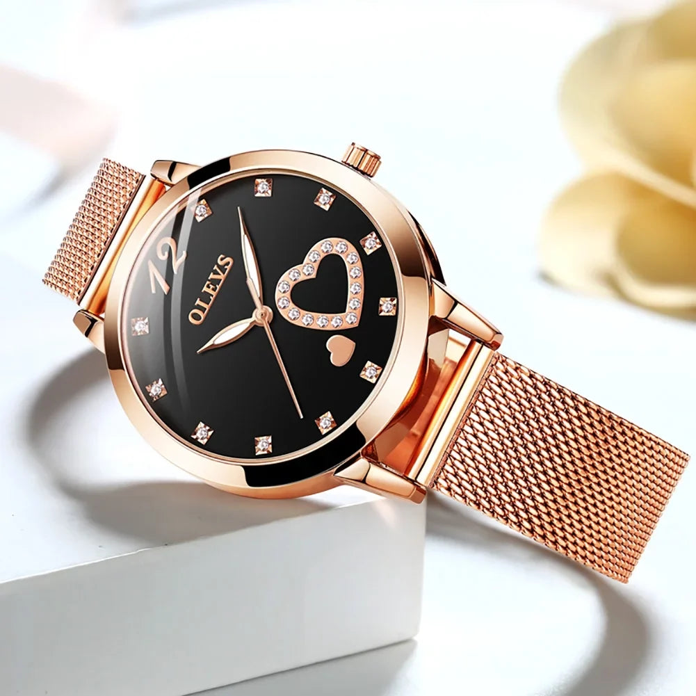 Hearts Watch, Dress Gold Rose Fashion Diamond Wristwatch, Big Elegant Mesh Strap Gifts Watches, Women Waterproof Quartz Face Female Ladies Women's for Luminous Olevs Japanese