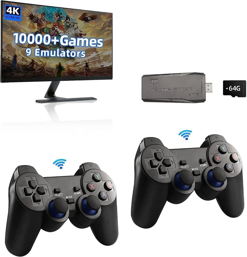 Stick 4K Play Retro Plug Video Game Output Stick,Wireless Game 2.4GHz in Emulators, Game with Console Retro Games, Wireless HD Built 9 and (64G) Controllers 10000+