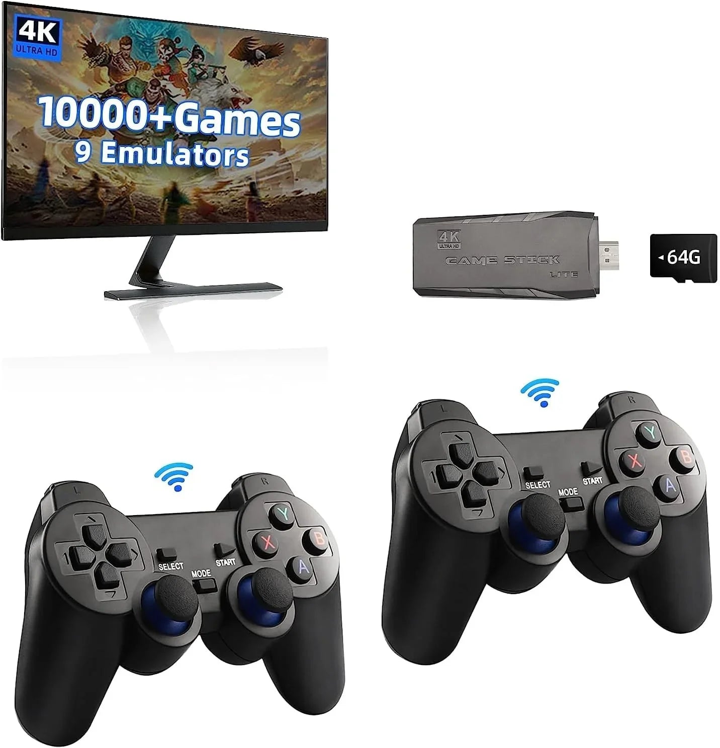Stick 4K Play Retro Plug Video Game Output Stick,Wireless Game 2.4GHz in Emulators, Game with Console Retro Games, Wireless HD Built 9 and (64G) Controllers 10000+