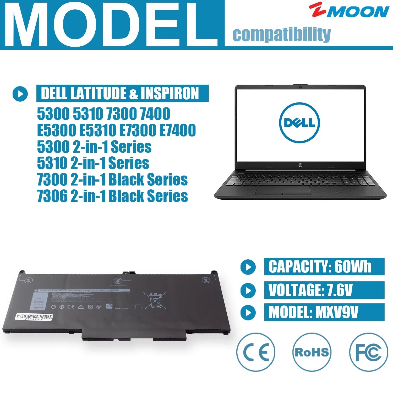 2 7300 Black, Battery MXV9V P99G Inspiron in P97G 7400 P100G Dell Laptop 1 for P96G 5300 5310 7306 Latitude 7300