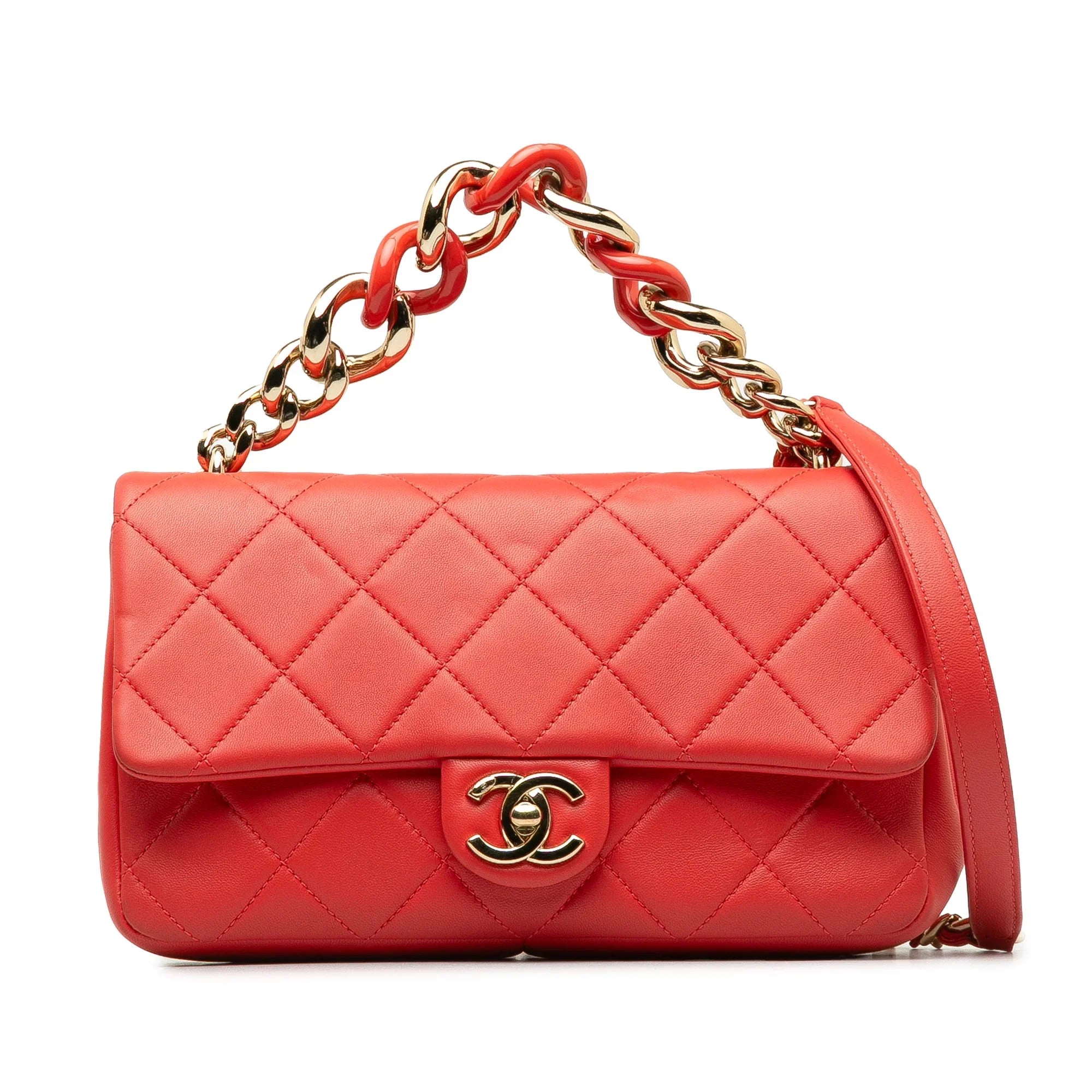 Red Lambskin Authenticated Leather Chanel Unisex Elegant Single Flap Satchel (Good) Pre-Owned Chain Small