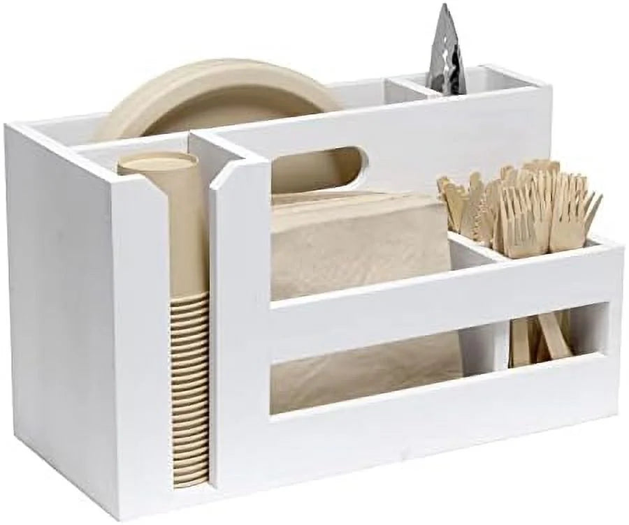 Pantry Events Picnic, Breakfast & BBQ Condiment Handle W Cutout Compartments Kitchen For Picks Flatware Wooden Utensils & Farmhouse Caddy Wash Organizer D¨¦cor Countertop Wht