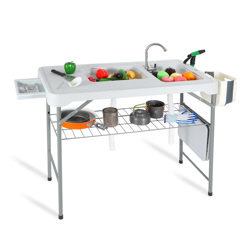 Sink Cleaning with Picnic Hoses/Rack/Basket, Flexible Sprayer, REDCAMP w/ Camping Portable for Table Fish Station 2 Patio Beach Folding Sinks Table Camping Faucet/Drainage Garden and Outdoor