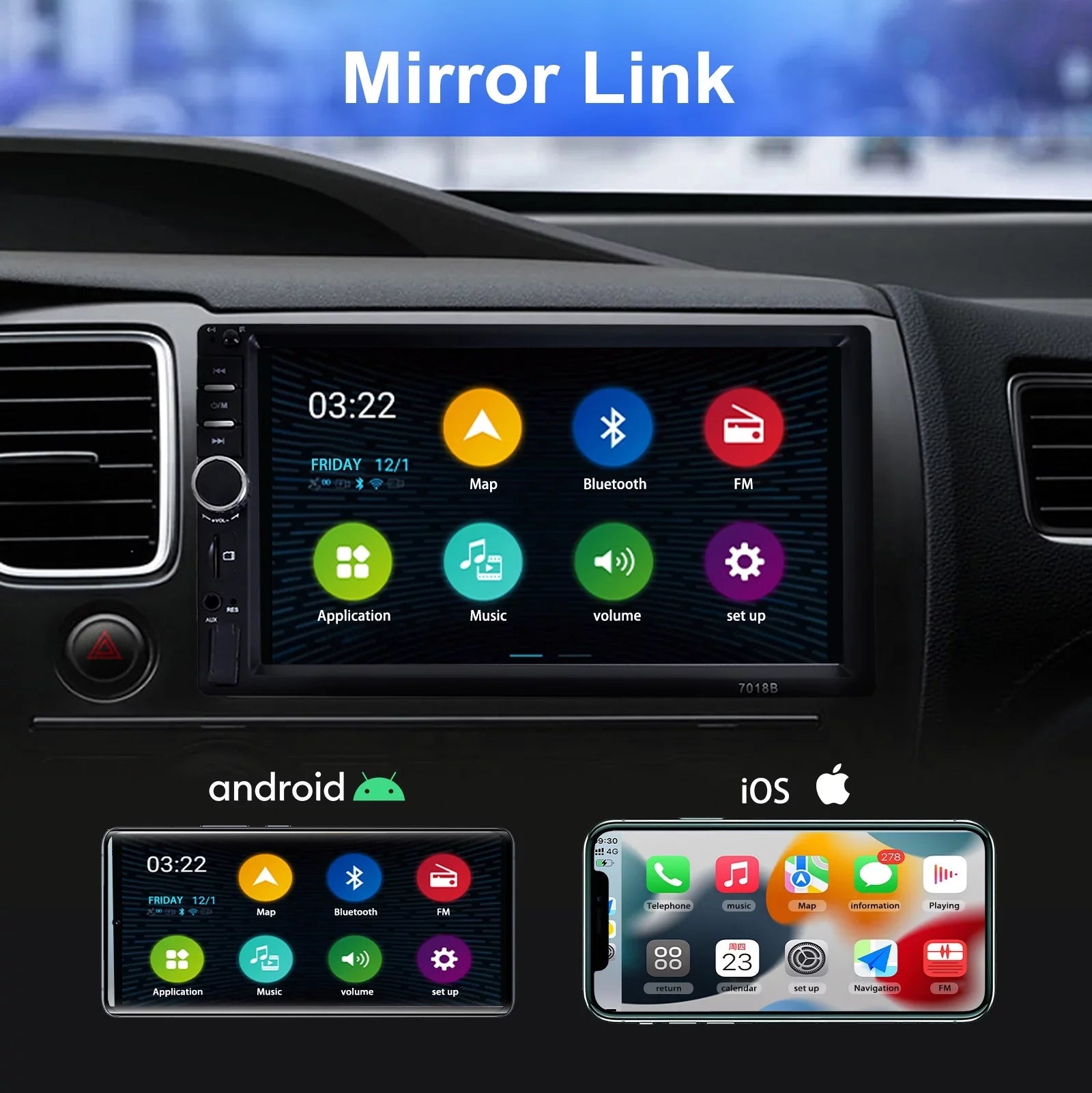 with Audio Screen with Double 7In Camera, Din Link, Stereo, Radio Player Touch Mirror USB/Car Bluetooth MP5 Car Receiver Backup Receiver Car HD Vehicle Audio