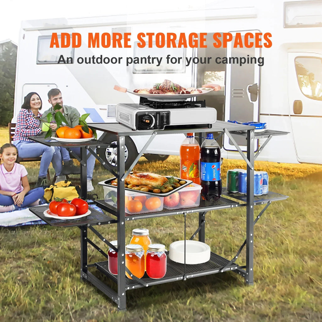 Kitchen Station 2 Tables Table Folding Camping Cook SKYSHALO Portable 5 & Shelves