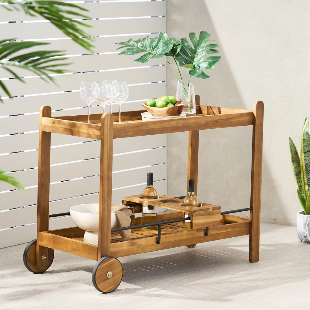 Black Studio 2 and Bonneau Holders, Bar with Teak Outdoor Acacia Wood Cart Tiered Bottle GDF