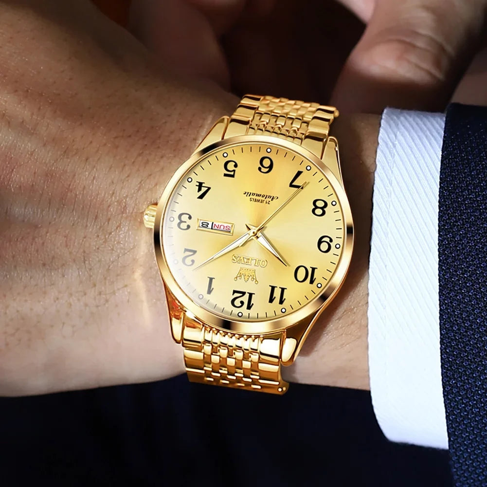 OLEVS Dial Numerals for Hombre, Watch Arabic Men Winding for Male Self Adult Gifts Men, Easy Face Waterproof Gold Reader Wristwatch Para Large Reloj
