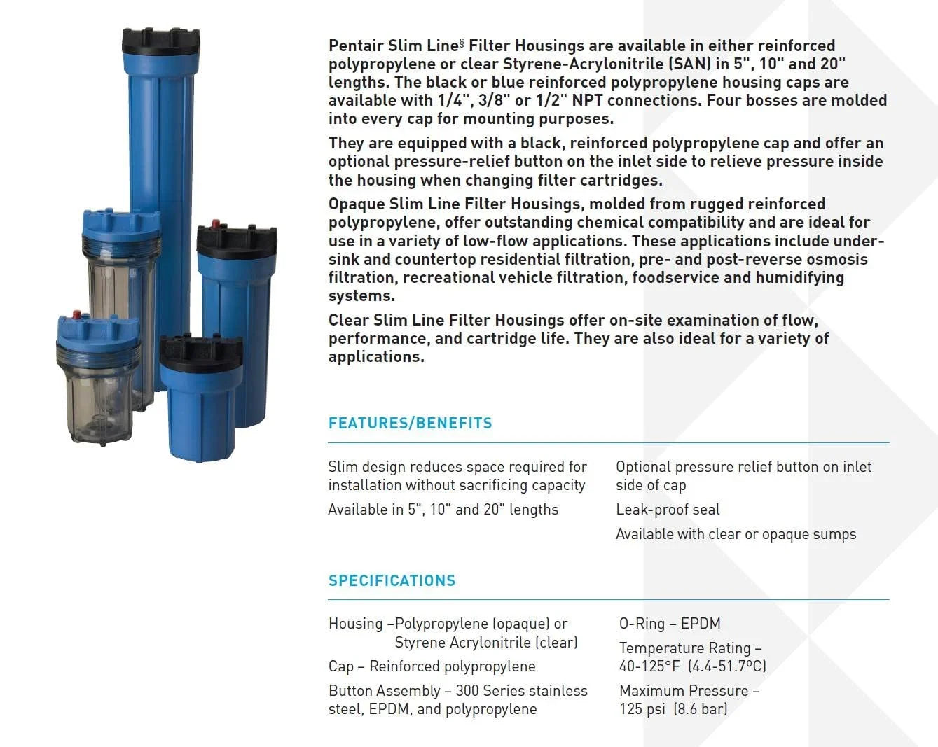 Filter 3/8" Housing Release Line 10" Ports Pentek with 158005 Slim &amp; Pressure