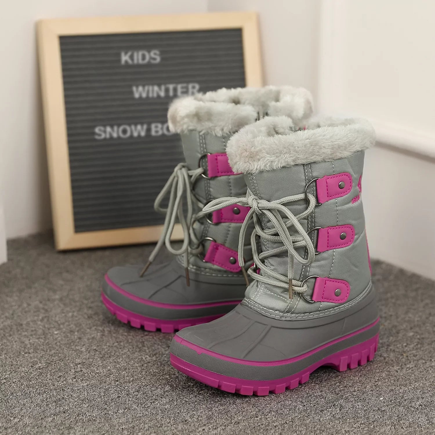 Fur-Lined Ankle 5 Warm Size GREY/FUCHSIA Girls Big Toddler Boots Kid Boys Snow Boots Soft Kids FORESTER Faux Pairs Shoes Winter Dream