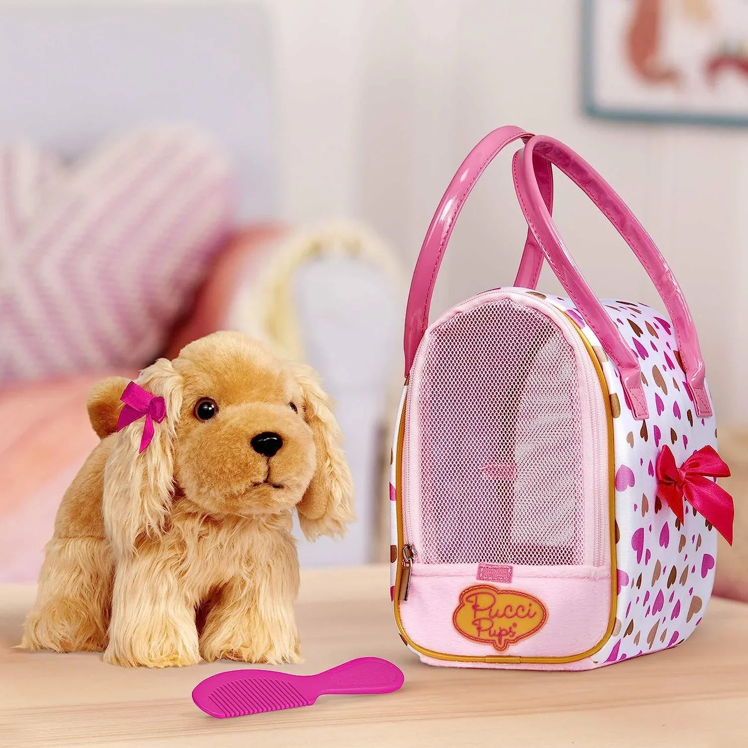 Spaniel, w/Cocker 8 Print Pups & Gold Glam Bag inches by Heart Pucci Pink Battat