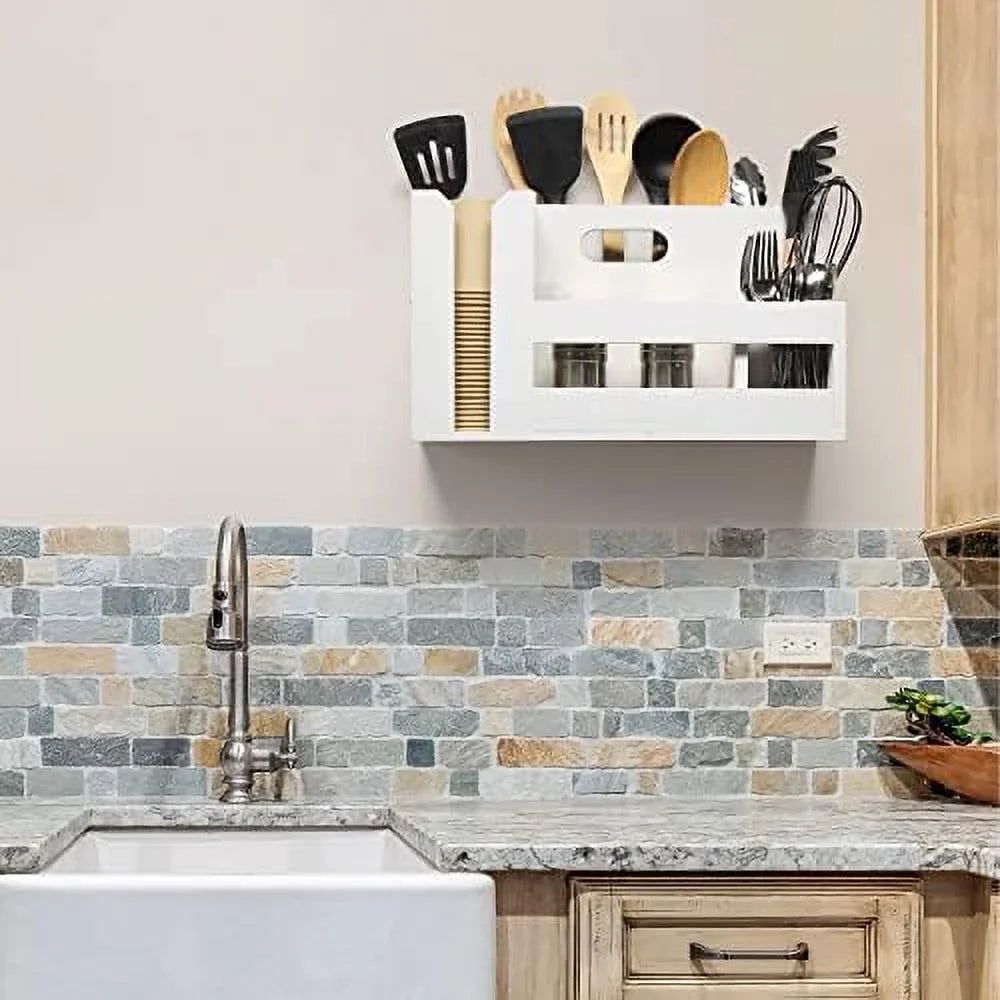 Pantry Events Picnic, Breakfast & BBQ Condiment Handle W Cutout Compartments Kitchen For Picks Flatware Wooden Utensils & Farmhouse Caddy Wash Organizer D¨¦cor Countertop Wht