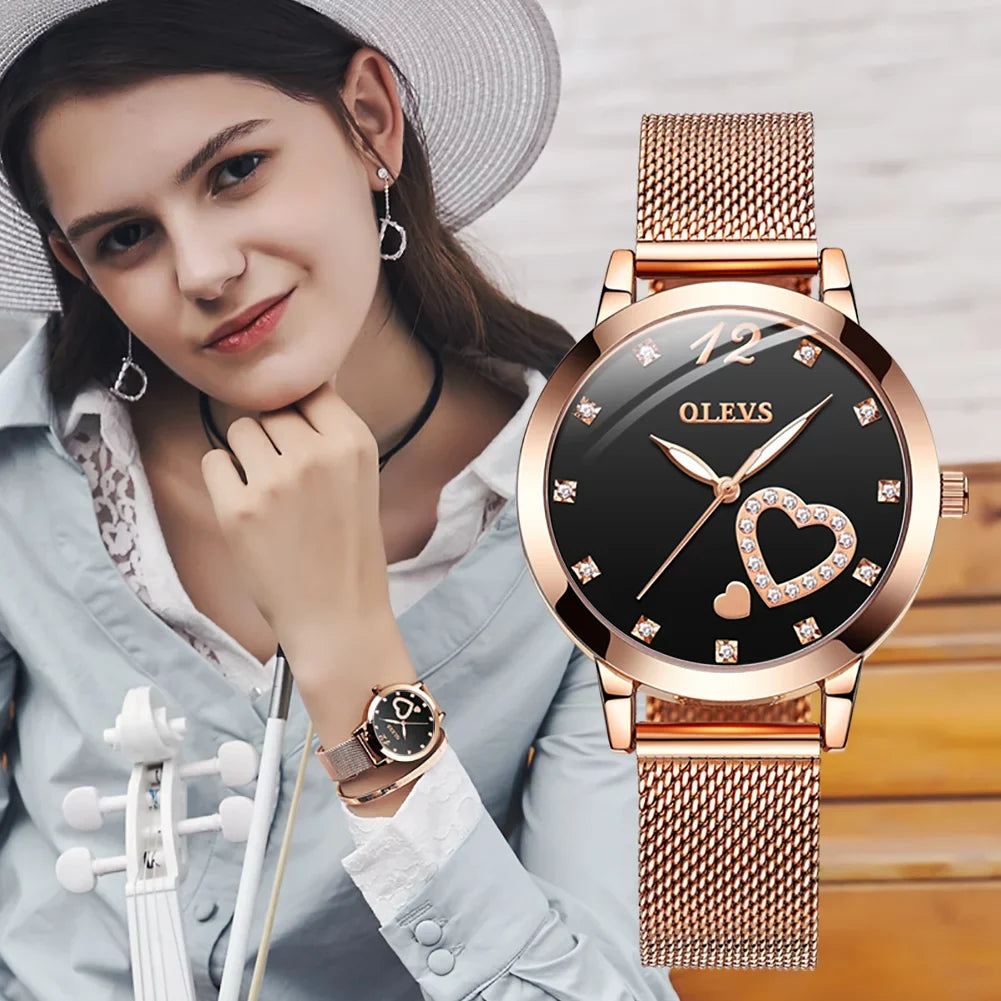 Hearts Watch, Dress Gold Rose Fashion Diamond Wristwatch, Big Elegant Mesh Strap Gifts Watches, Women Waterproof Quartz Face Female Ladies Women's for Luminous Olevs Japanese