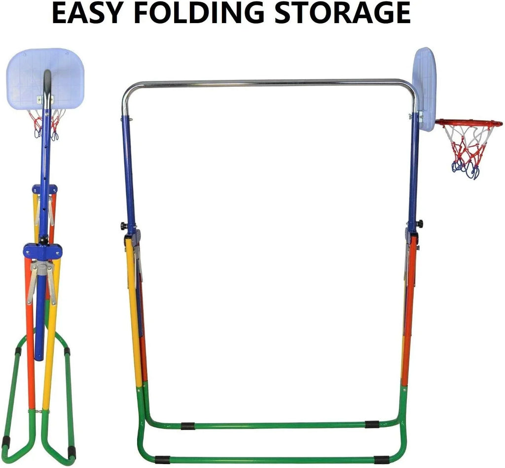 Bar Folding Junior Hoop Gym Bar for 4-in-1 Set Gymnastics Height-Adjustable Training with - Rings, Swing, Basketball Home