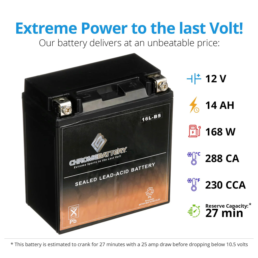 CCA) Battery (16L-BS Ski 650cc Volt,14 YTX16L-BS Jf650 Jet Kawasaki Ah, X2 Battery for Chrome 86-'95 12 230