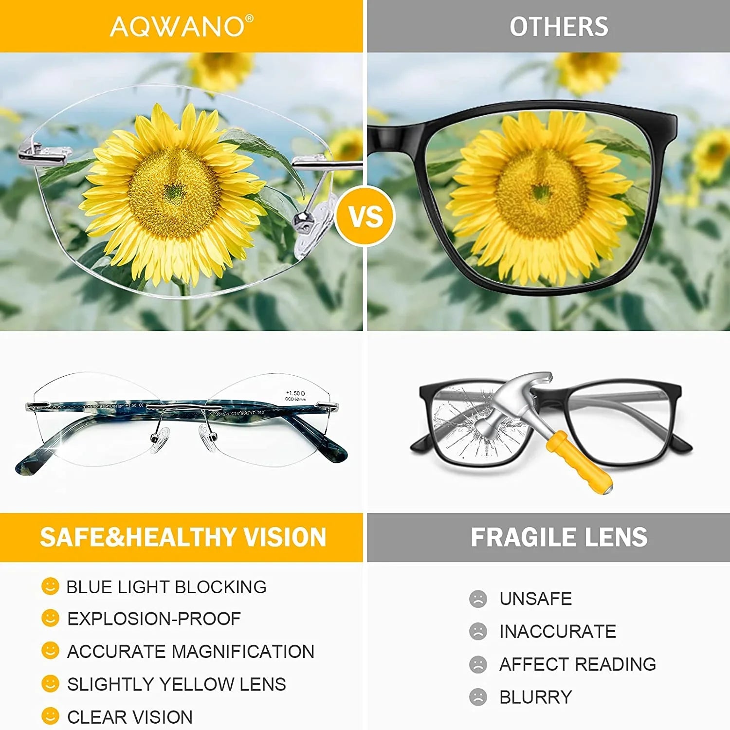 Glasses Reading Light Women Clear Blue Rimless Computer Designer Lens 2.5 UV400 Readers Ladies AQWANO Blocking Fashion Protect Frame,