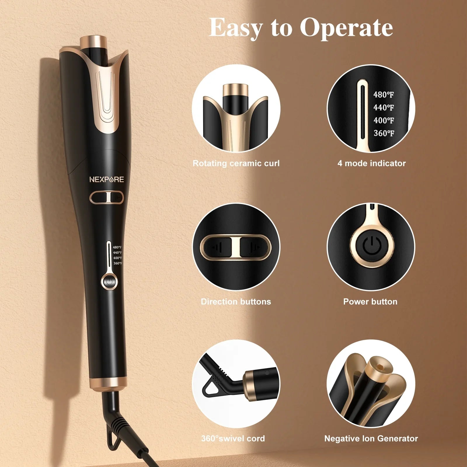 Temps,Salon Barrel 1" Curling Irons,Curling Rotating Iron Hair,Gold Large with NEXPURE Professional & Curl 4