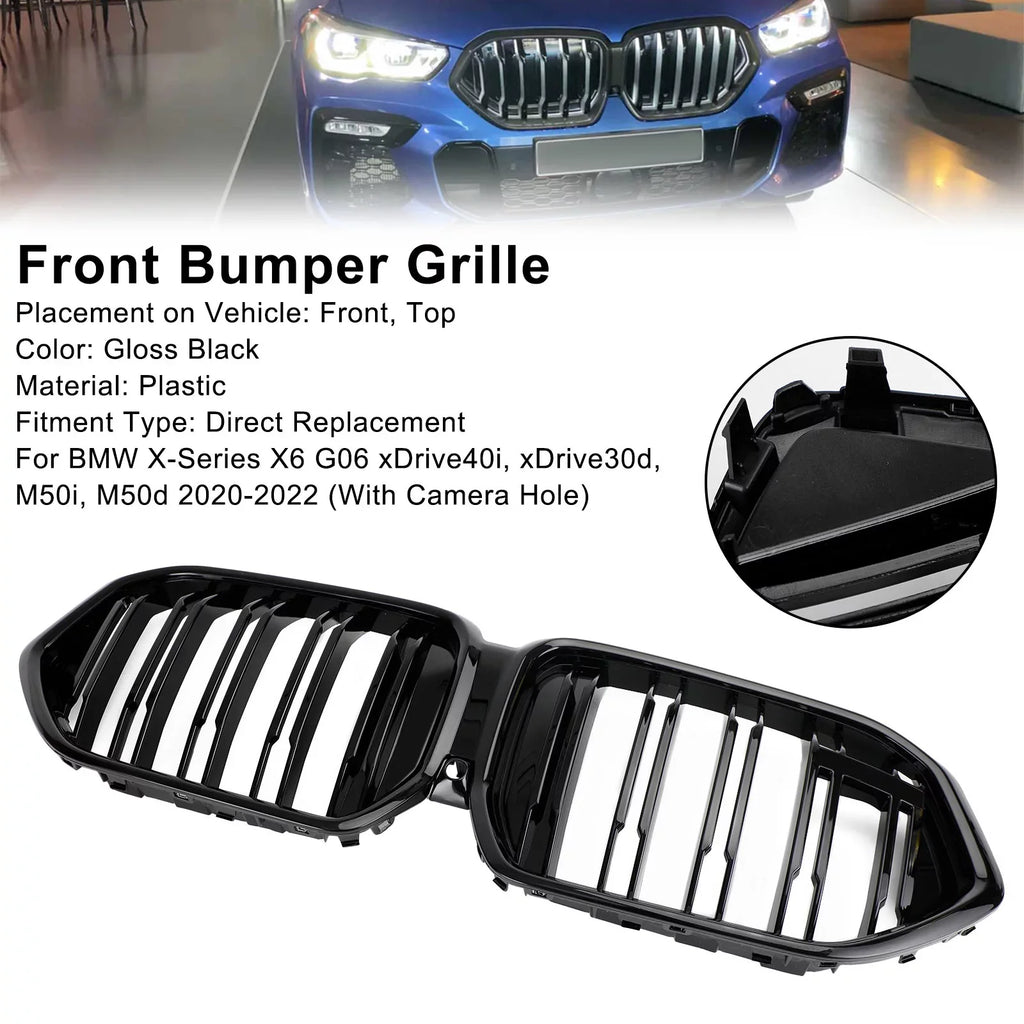 2020-2022 Black W/Camera Hole Front for BMW Grille M50i X6 Fit Grill G06 Bumper