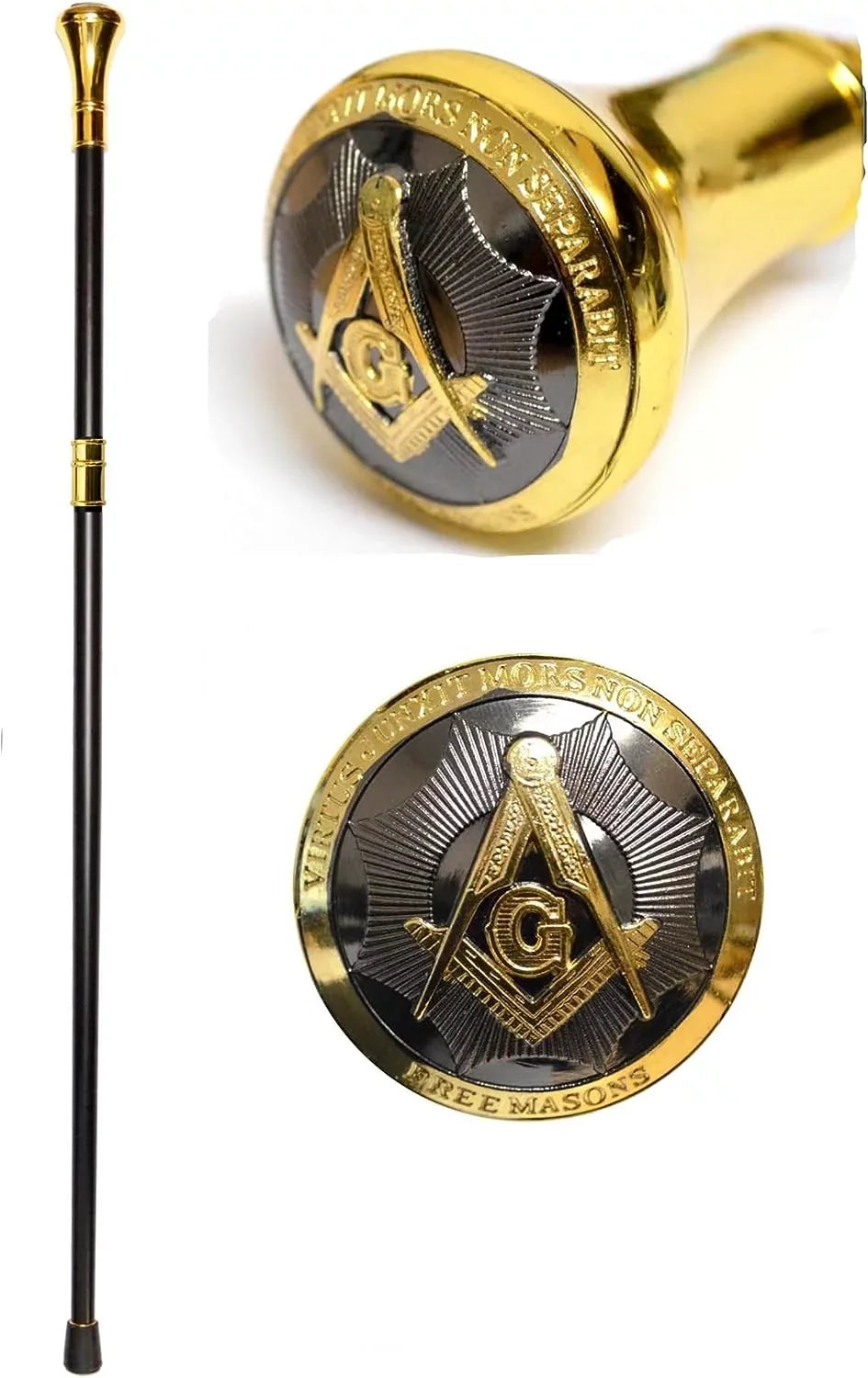 Tip Masonic Handle, Rubber Cane Handle, High Shaped Square On Base Compass 37" The Piece 2 Ball Cane of Walking & 2-Tone at Alloy with Embossed Top Logo Dividable Shaft, Metal