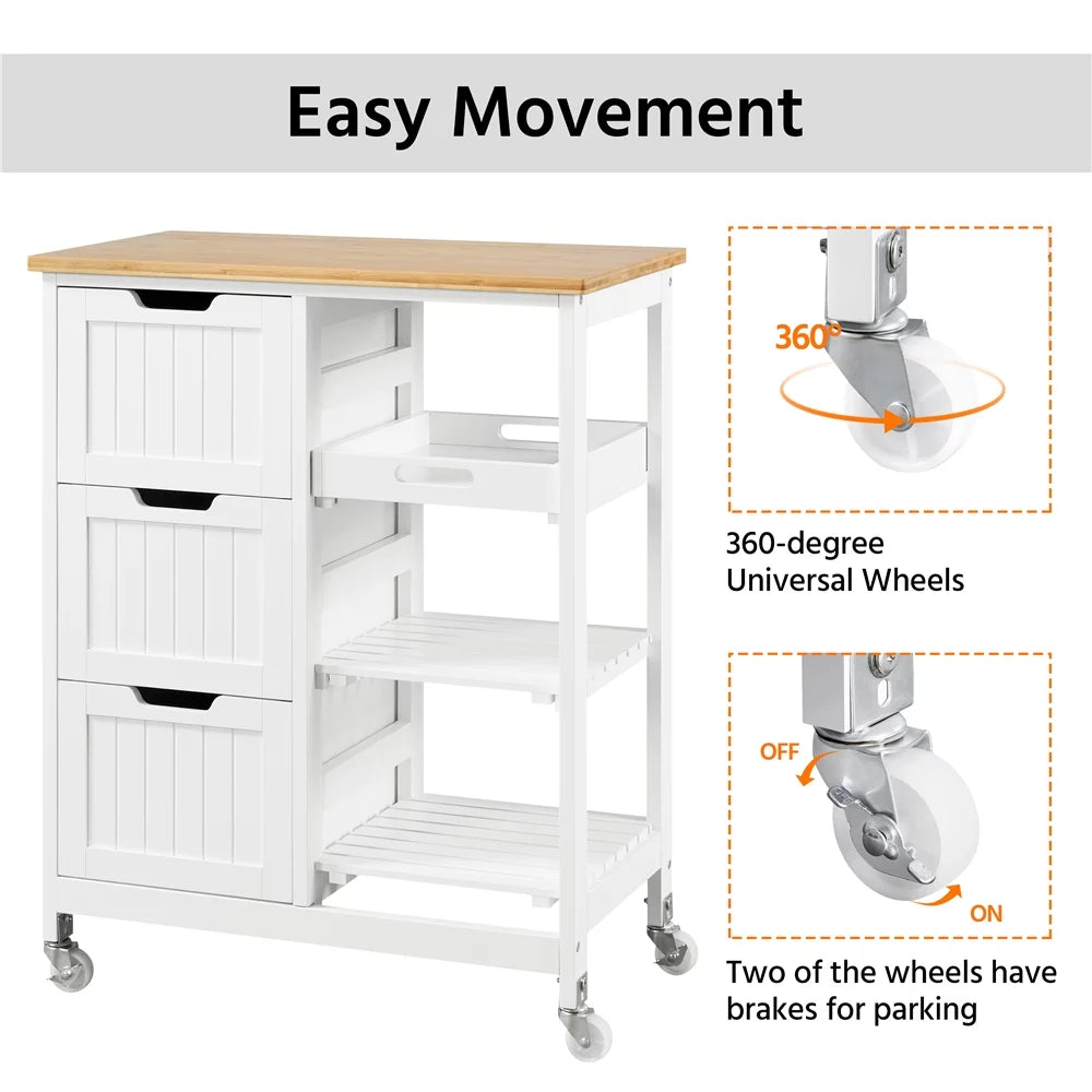 3 H White Bar, Storage for Easyfashion 33" Kitchen with Cart Serving Drawers